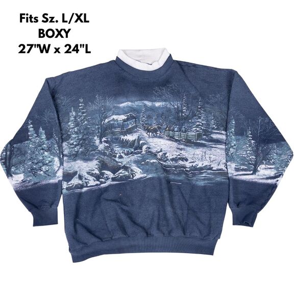 Vintage Art Unlimited Winter Cabin All Over Print Mock Neck Sweatshirt XL - Picture 2 of 13
